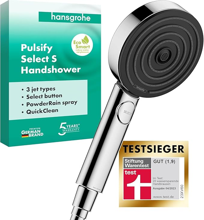 Hansgrohe Pulsify Select S Handshower with packaging and test winner logo